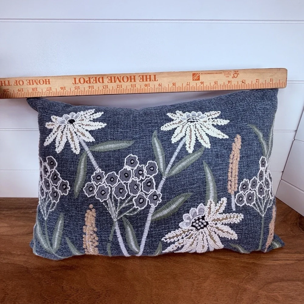 Mainstays Chambray Embroidered Botanical Decorative Pillow Boho Cottagecore